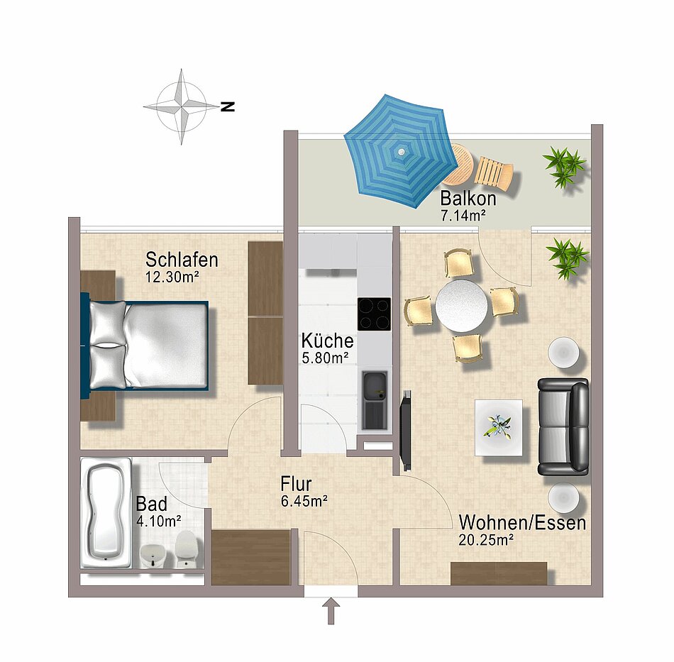 Etagenwohnung mit 2 Zimmern | München-Berg am Laim | 1803ML4 | Grundriss nicht maßstabsgetreu