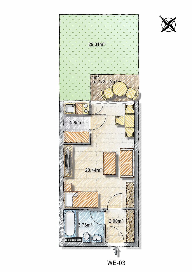 Apartment mit 1 Zimmer | München-Schwabing | 70257 | - nicht maßstabsgetreu -