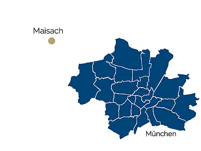 Die Karte zeigt die Entfernung nach München