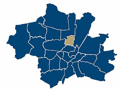 Lage des Stadtteils Schwabing rechts der Leopoldstraße in München