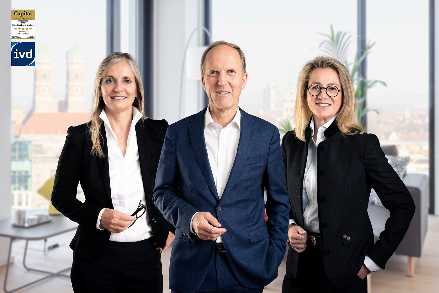 Immobilie erfolgreich verkaufen mit Mr. Lodge im Großraum München, von links nach rechts: Jacqueline Sauren (Leitung Immobilienverkauf), Norbert Verbücheln (Geschäftsführer), Petra Berger (Leitung Filiale Rottach-Egern)