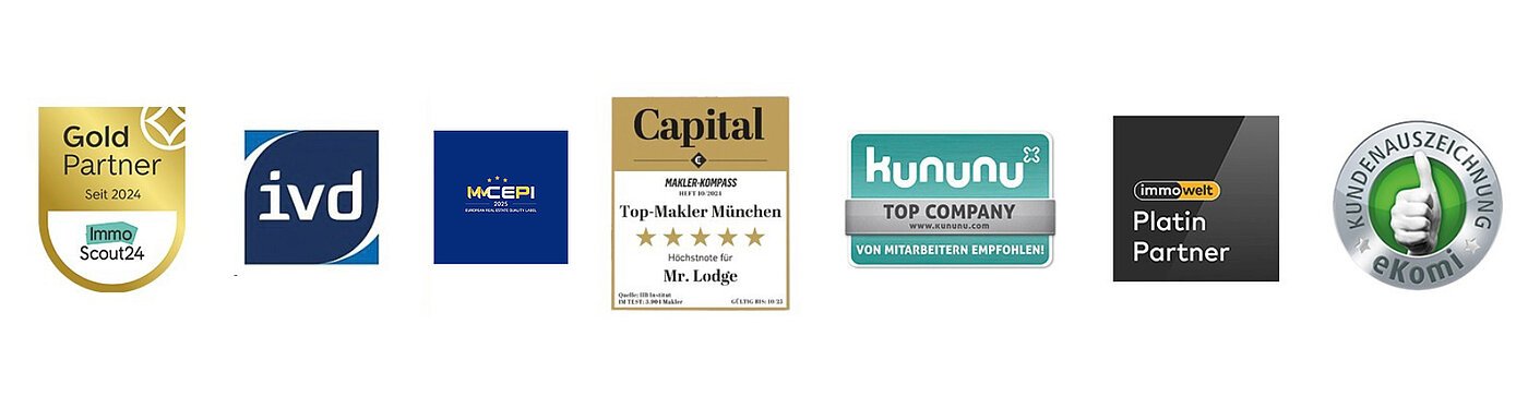 Qualitätssiegel von Mr. Lodge im Überblick – ausgezeichnet als ImmoScout24 Gold Partner, Capital Top-Makler München, immowelt Platin Partner, kununu Top Company, IVD-Mitglied, eKomi Kundenauszeichnung und Träger des europäischen MMCEPI Qualitätssiegels 2025 für herausragende Immobilienstandards.