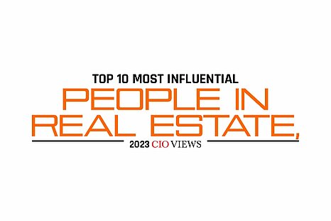 Zu sehen ist das CIO View 2023 logo mit dem Titel "Top 10 most influential people in real estate"