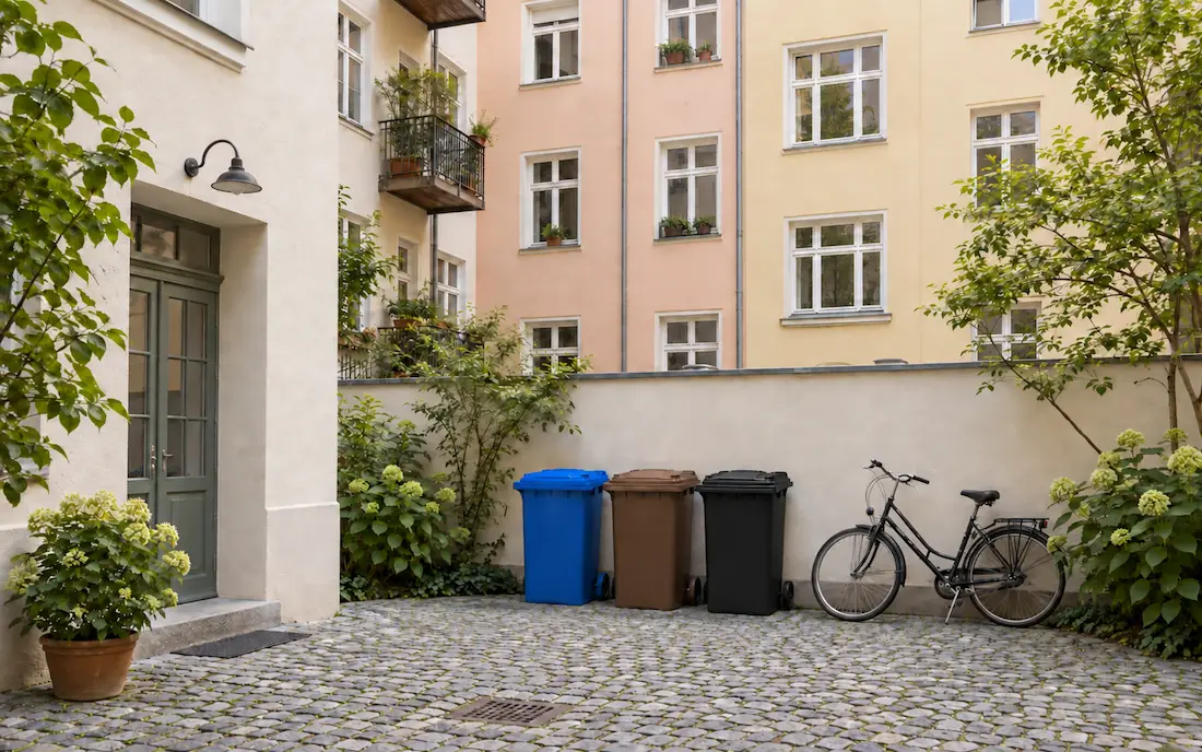 Blaue, braune und schwarze Mülltonnen in einem Münchner Innenhof