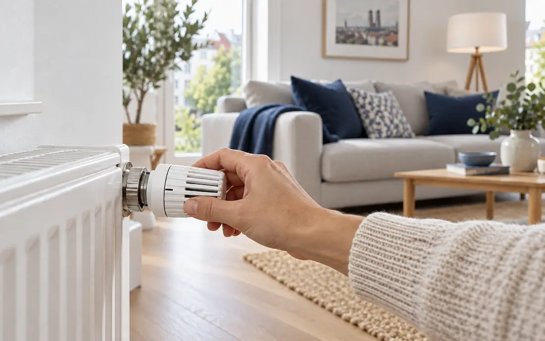 Hand dreht am Thermostat eines Heizkörpers