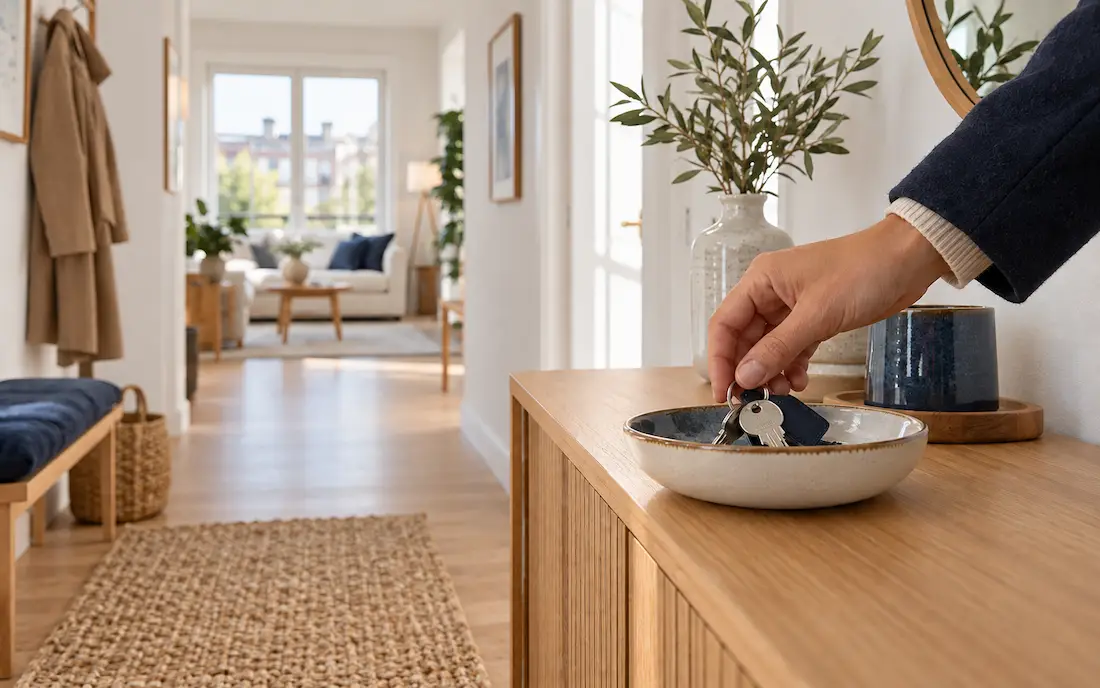 Hand legt Wohnungsschlüssel in eine Schale im Flur
